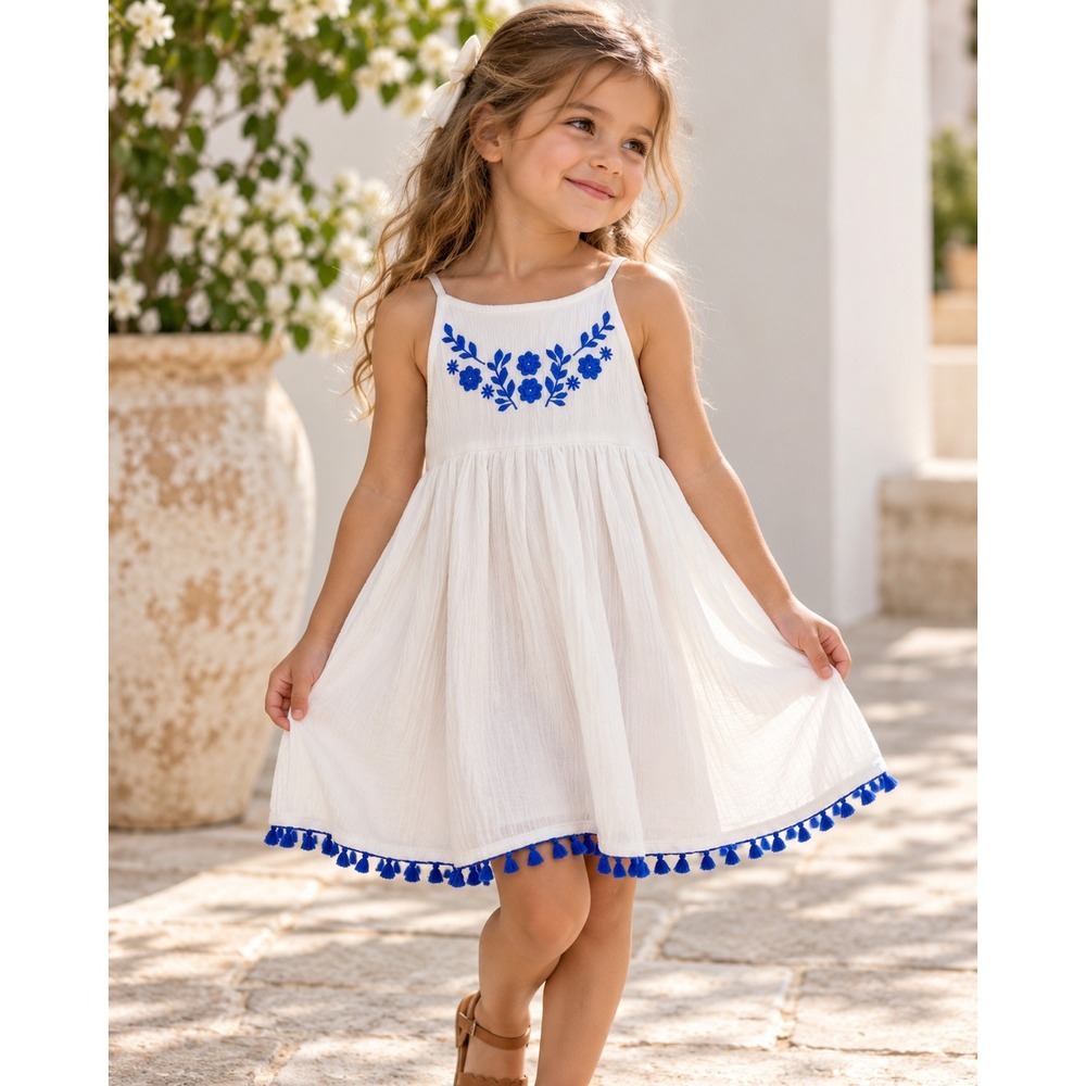 Rachel Zoe Girls White Blue Embroidered Floral Tassel Hem Dress Size 5